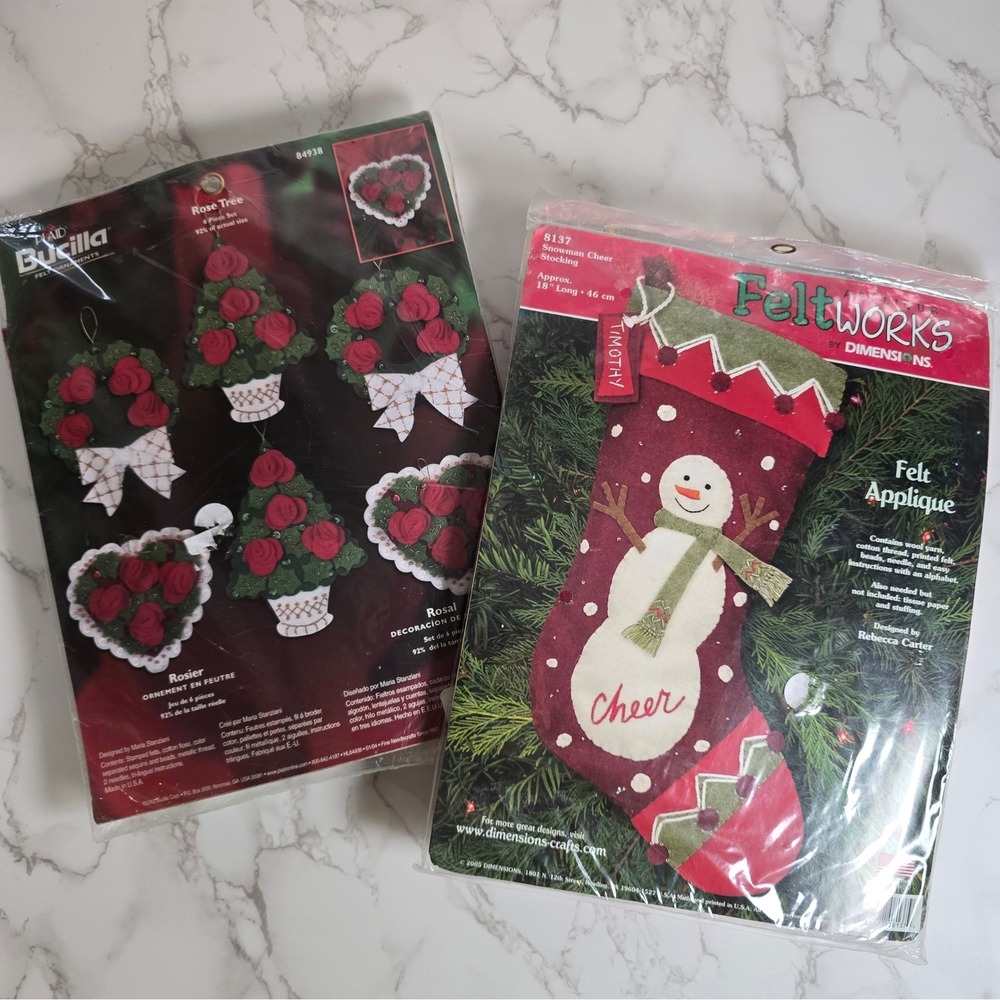 Bucilla Rose Tree Ornaments & Dimensions Snowman Stocking Felt Applique Kits Lot